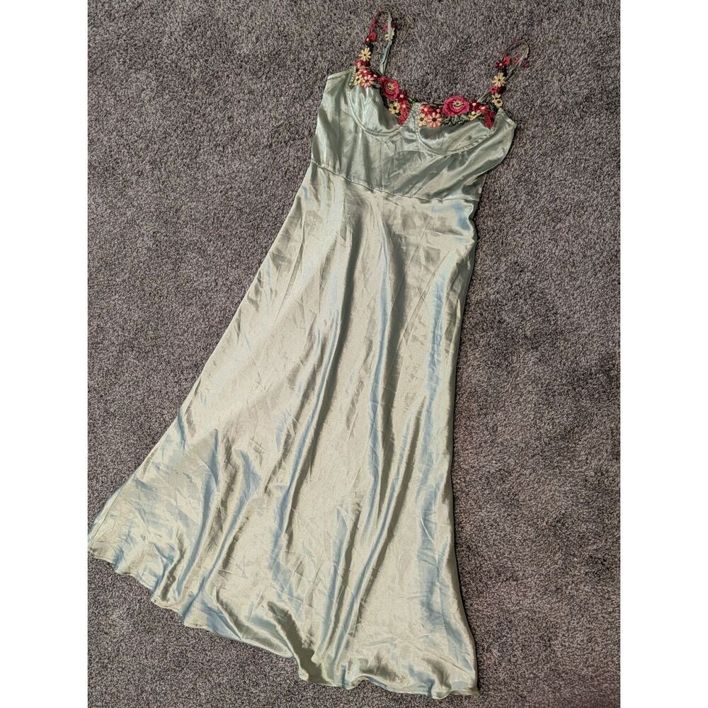 Sage Green Satin Floral Embroidered Maxi Dress Y2K Fairycore Romantic Slip Gown